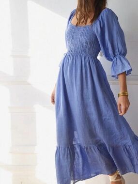 Light Blue smocked linen Maxi Dress with Puff Sleeves
